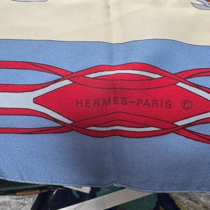 Hermes silk scarf red/blue colorway/whimsical sleds horses w/flourishes of color
