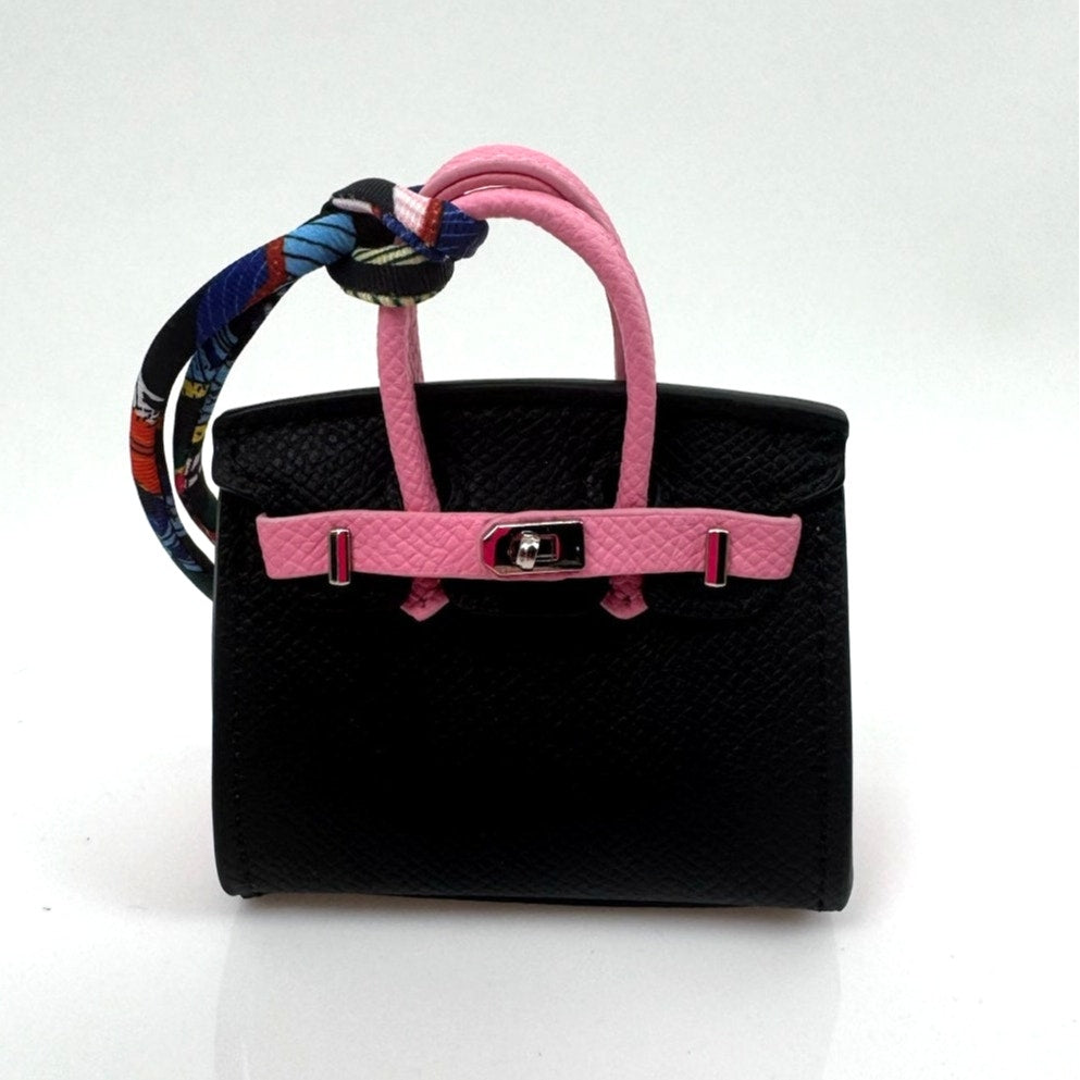 Two-Tone Luxury Leather Miniature Handbag Charm - Mini Bag in Black & Pink