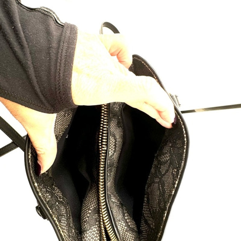 Valentino Garavani Black Lace Top Handle Bag with 3 sections and gold feet
