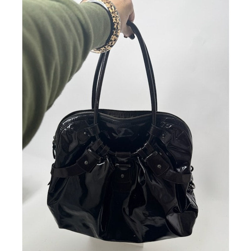 Salvatore Ferragamo Gancini Black Patent Leather Ruched Boho Hobo Bag