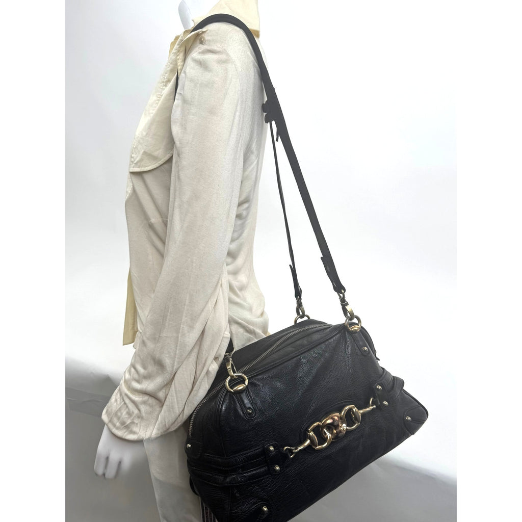 Gucci Black 3-Way Bag Horsebit Bamboo Accent Convertible Shoulder Crossbody Bag