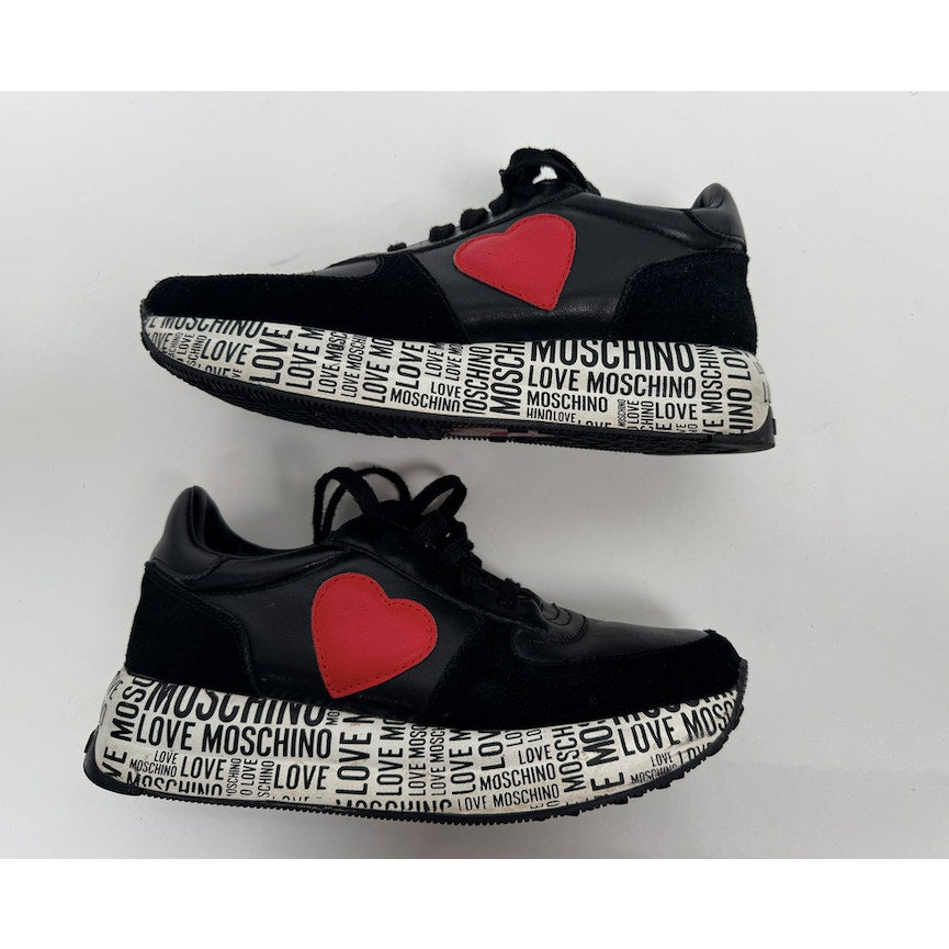 Women's Love Moschino Heart Patch Platform Sneakers Black Red Size 8 EU 38