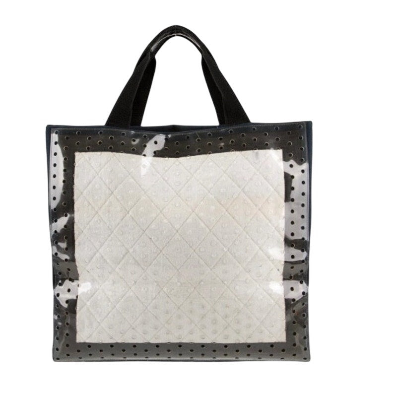Chanel ENORMOUS tote, black + white fabric w/perforated pvc layer over material