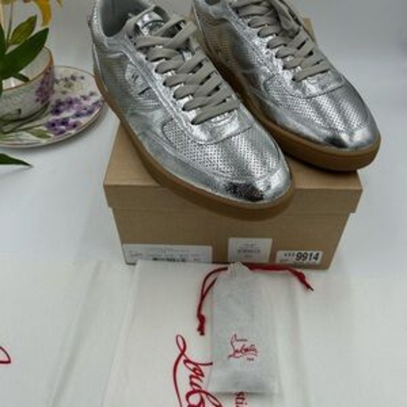 Men's Christian Louboutin TUTTI RUI low top silver leather sneakers size 46