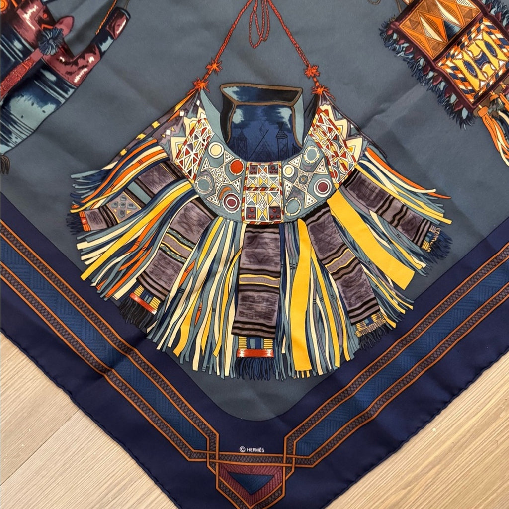 Hermès silk scarf in a darker blue and maroon Color Way, Middle Eastern motif