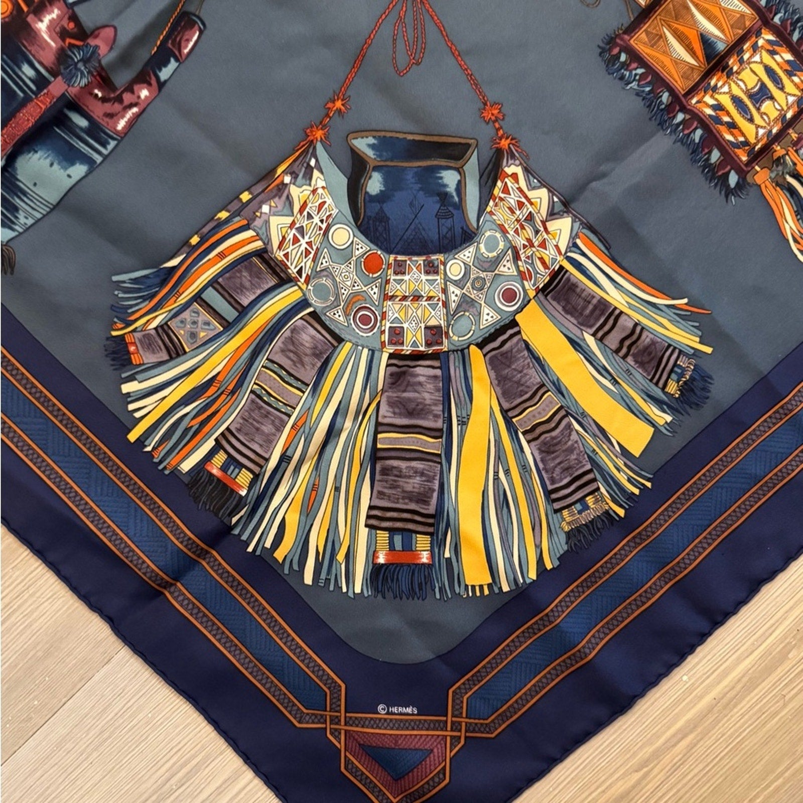 Hermès silk scarf in a darker blue and maroon Color Way, Middle Eastern motif