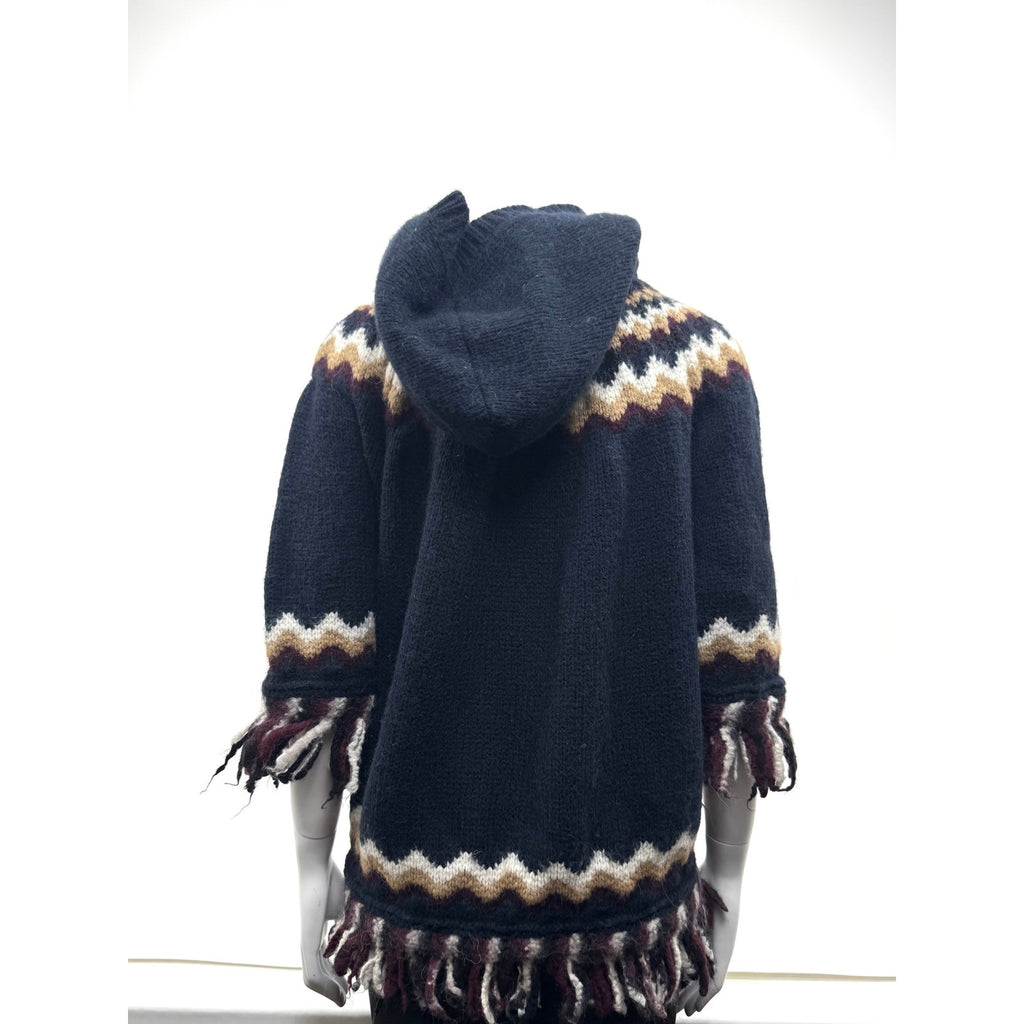 Women's RED Valentino Fair Isle Fringe Hooded Poncho Sweater Cape – Size M