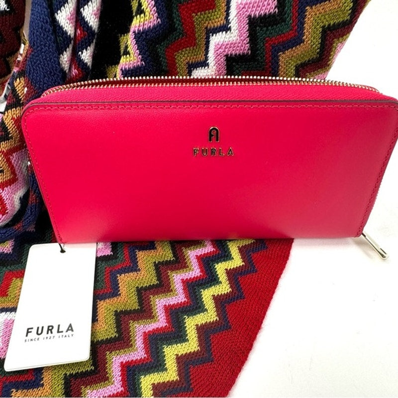 NWT Furla Fuschia/Pink Long Zippy Wallet-3 areas, with card holder and zip pouch