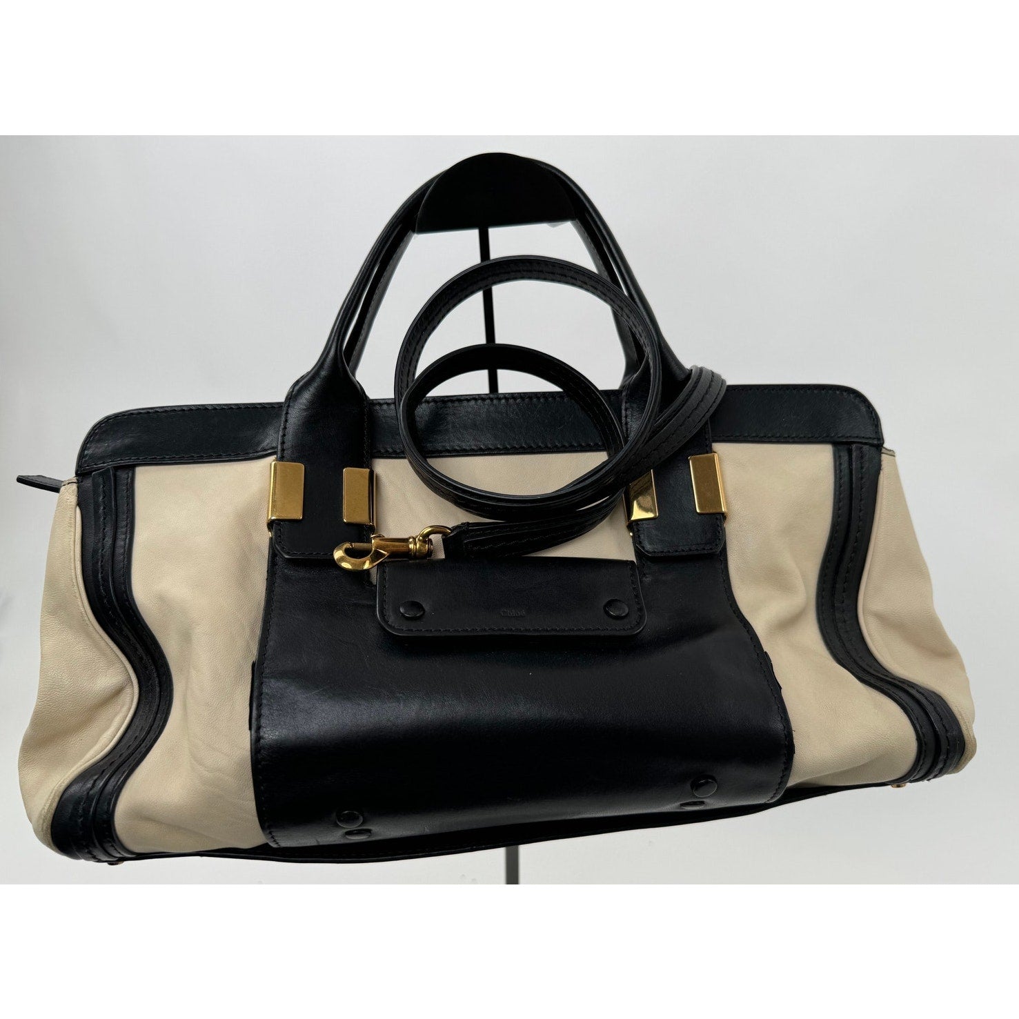 Chloe Black Cream Leather Colorblock Weekender Two Way Bag