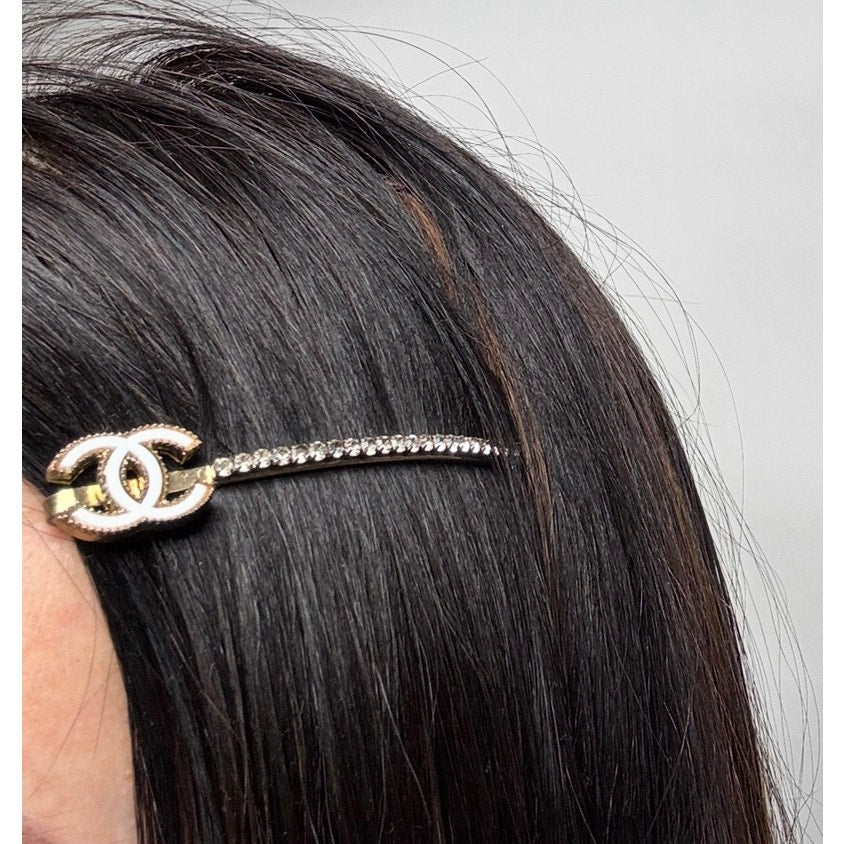 Chanel CC Enamel and Crystal White & Gold Tone Hair Pin