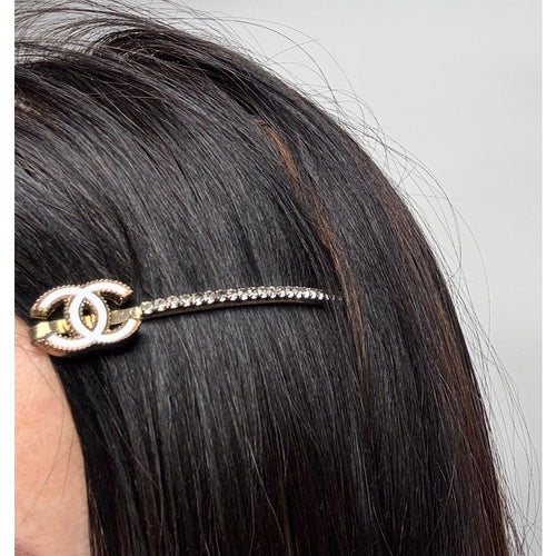Chanel CC Enamel and Crystal White & Gold Tone Hair Pin