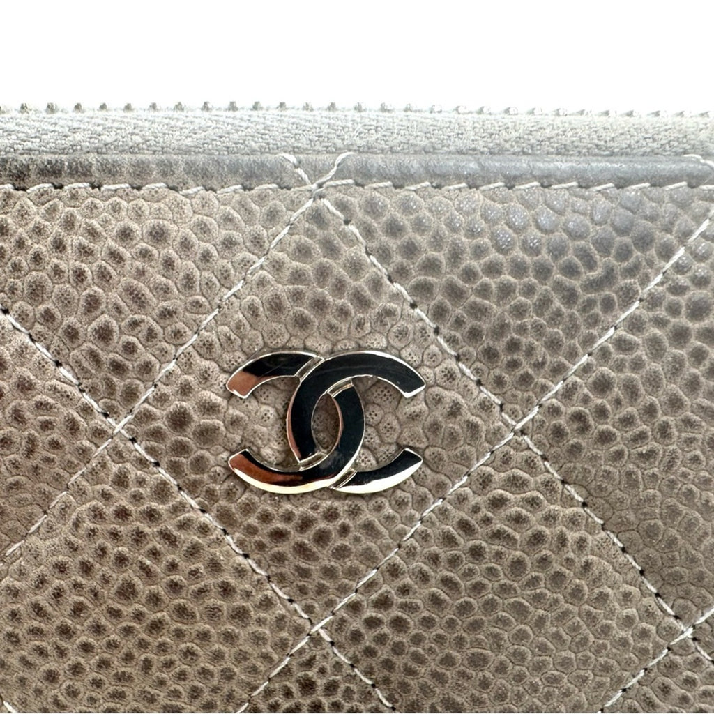 Women’s Chanel zip around long wallet, gray quilted pattern ombre holo present