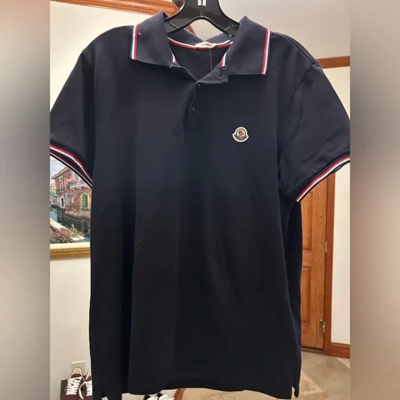 Men's Moncler tri-color, trimmed cotton piquet polo shirt in navy blue large