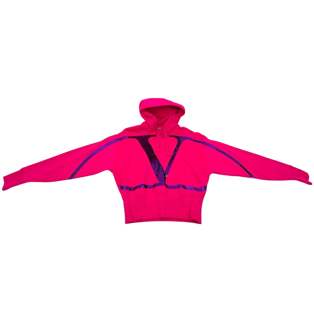 Women’s Valentino Pink V-Logo Sequin Pullover Hoodie – Size S – Runway Style
