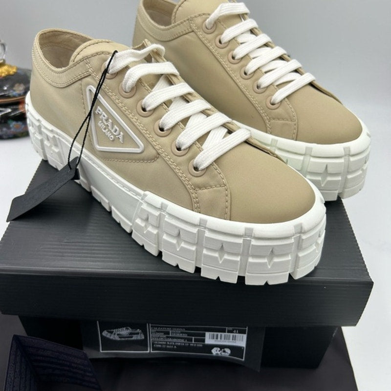 Women's Prada double wheel nylon gabardine sneakers, desert beige size 41