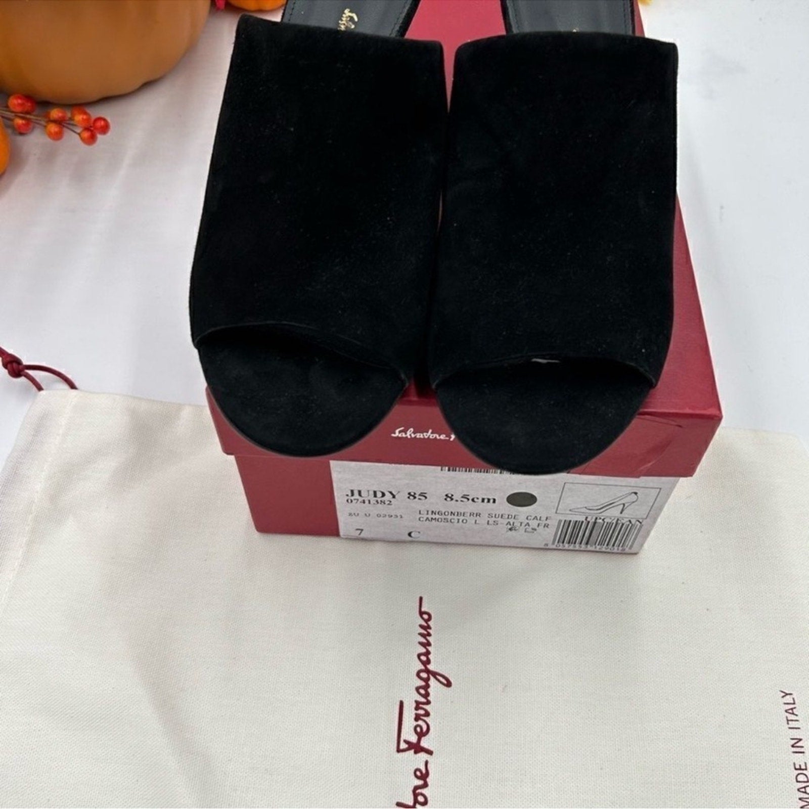 Women's Salvatore Ferragamo Judy 85 Suede mules, size 7, made in Italy