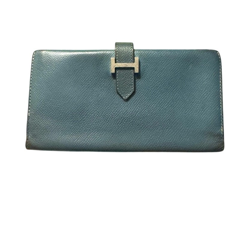 Hermes Blue Jean Tadelakt Bearn wallet Palladium Hardware cream contrast stitch