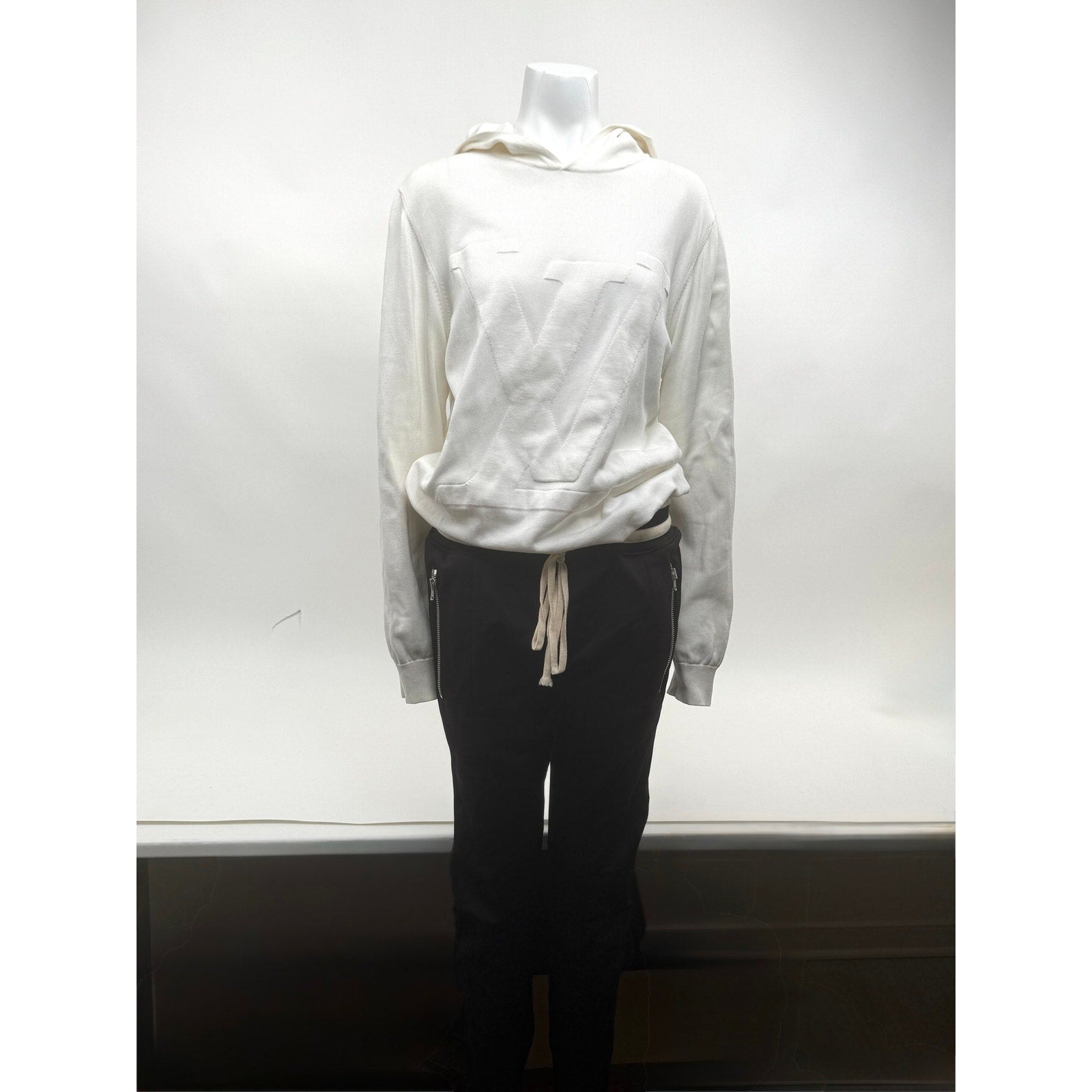 Louis Vuitton White Intarsia Knit Sweater Hoodie Size XL Made in Italy