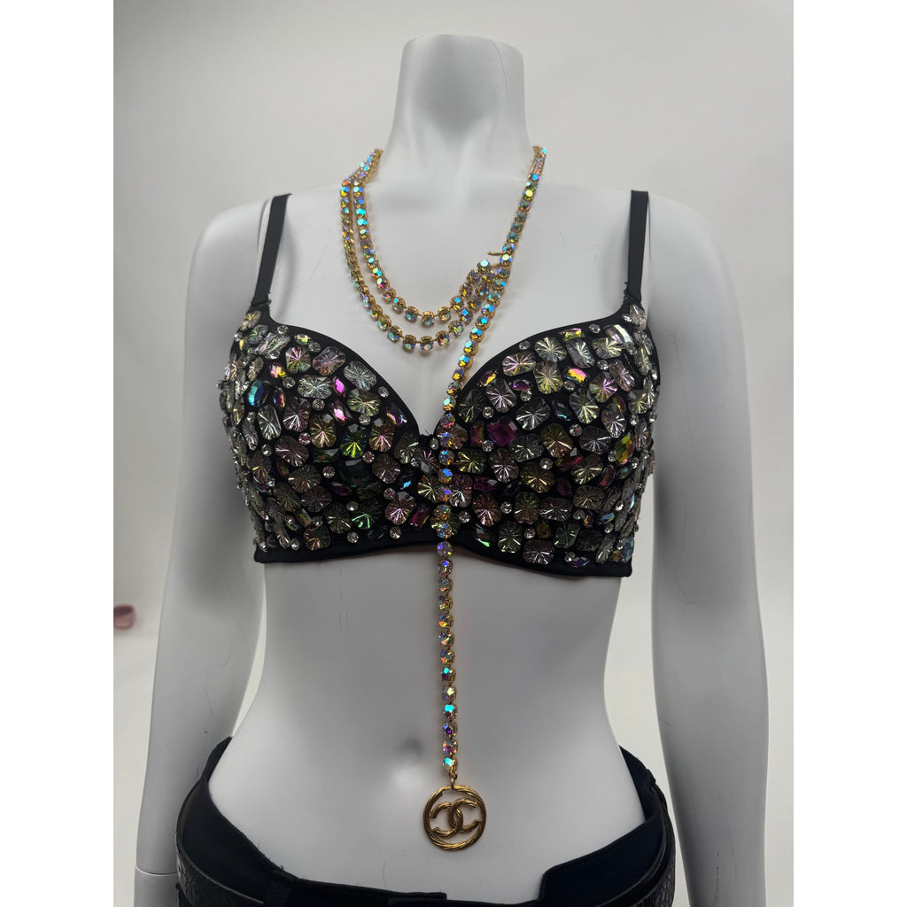 Custom Hand-Sewn Gem Bra with Embellished Band Size L