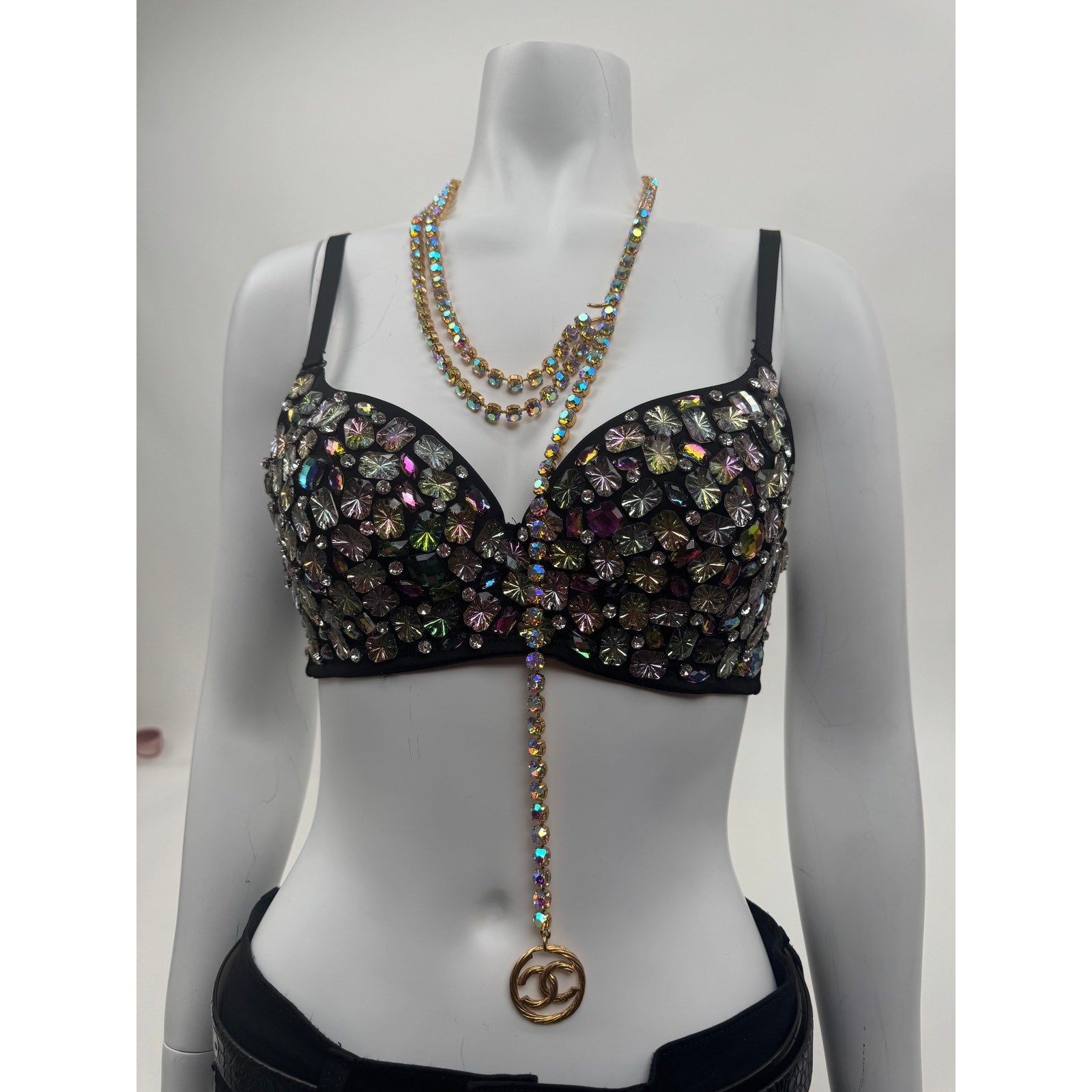 Custom Hand-Sewn Gem Bra with Embellished Band Size L