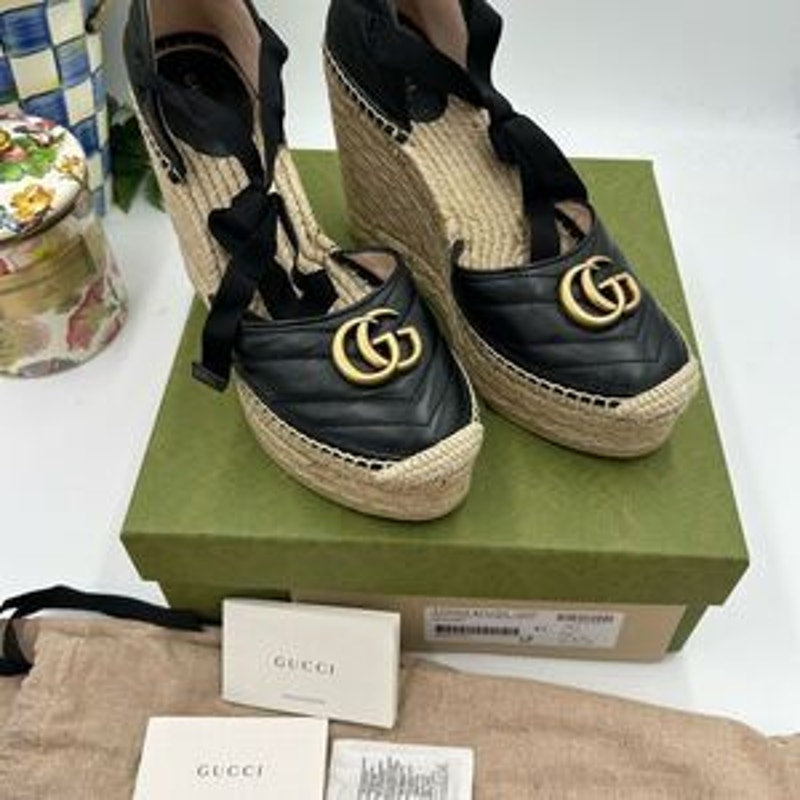 Women's Gucci GG wedge ankle tie Espadrilles size 41 made in Spain