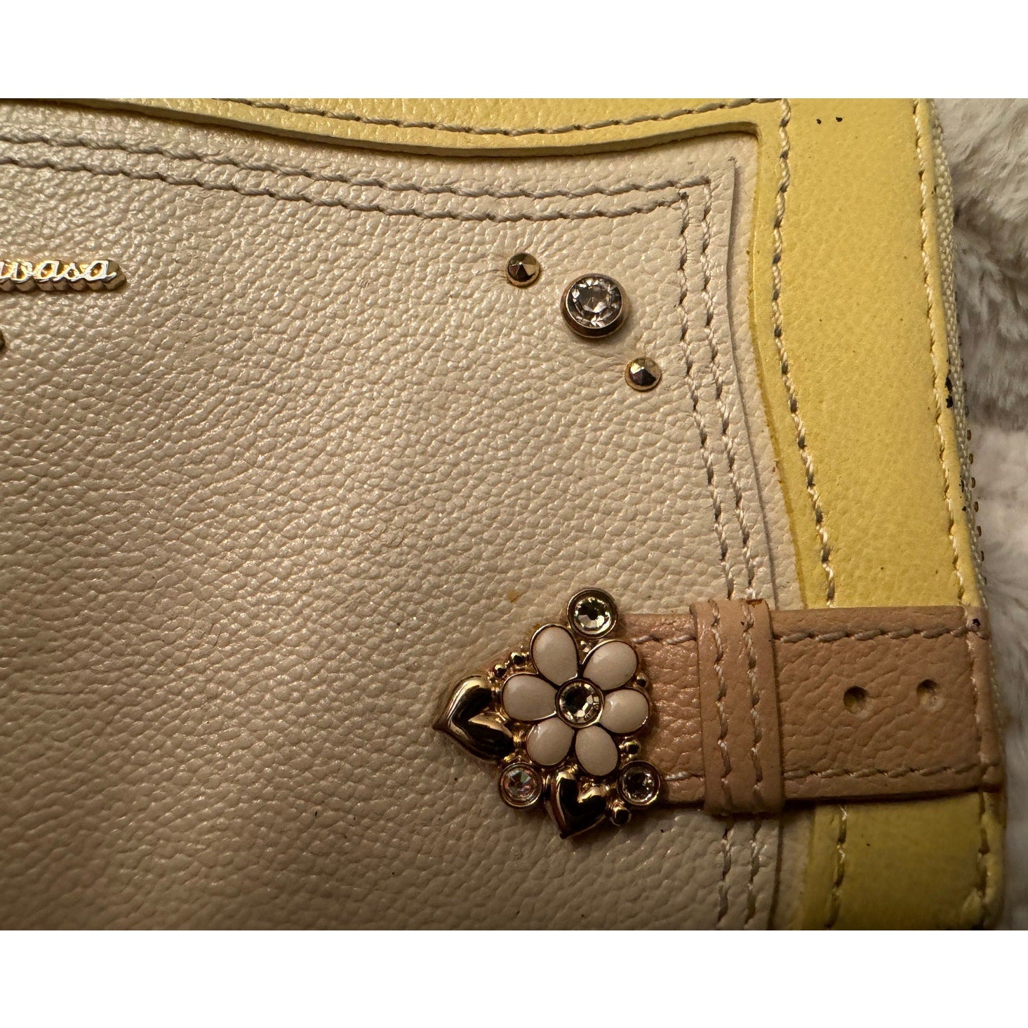 Samantha Thavasa Petit Choice Yellow Cream Rhinestone & Pearl Zipper Long Wallet