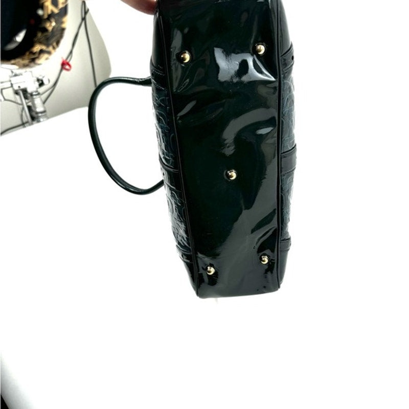 Gucci Vintage Green Blue Black patent leather top handle bag w/gold hardware