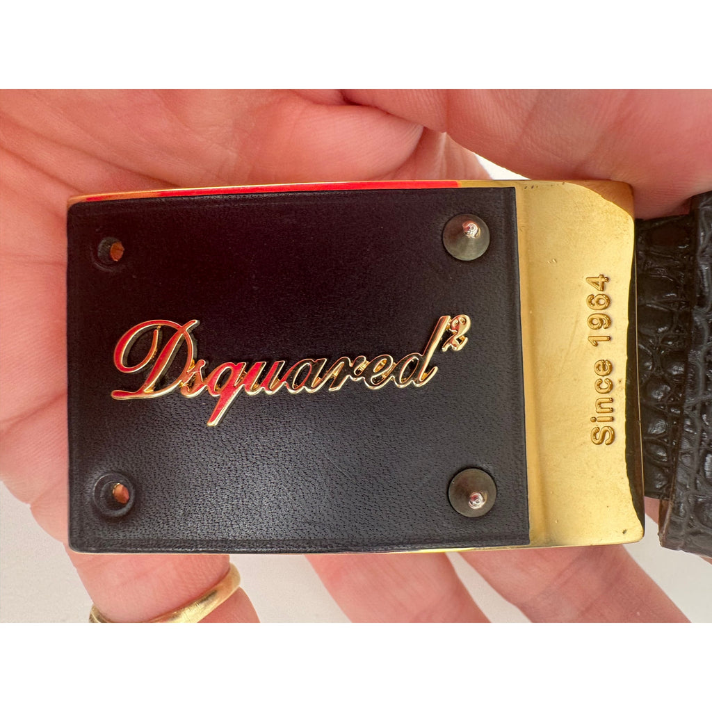 DSQUARED2 NWOT Black Leather Plaque Croc Embossed Belt Size 70 Made in Italy