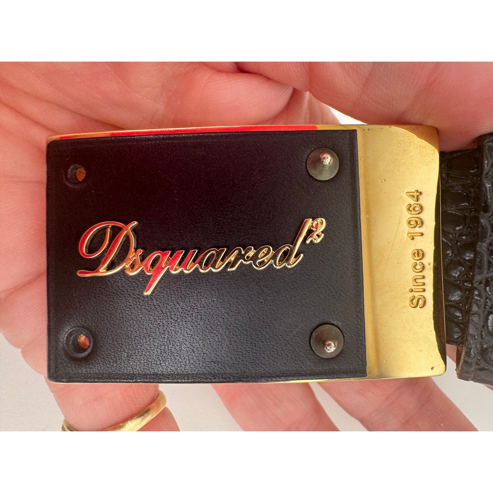 DSQUARED2 NWOT Black Leather Plaque Croc Embossed Belt Size 70 Made in Italy