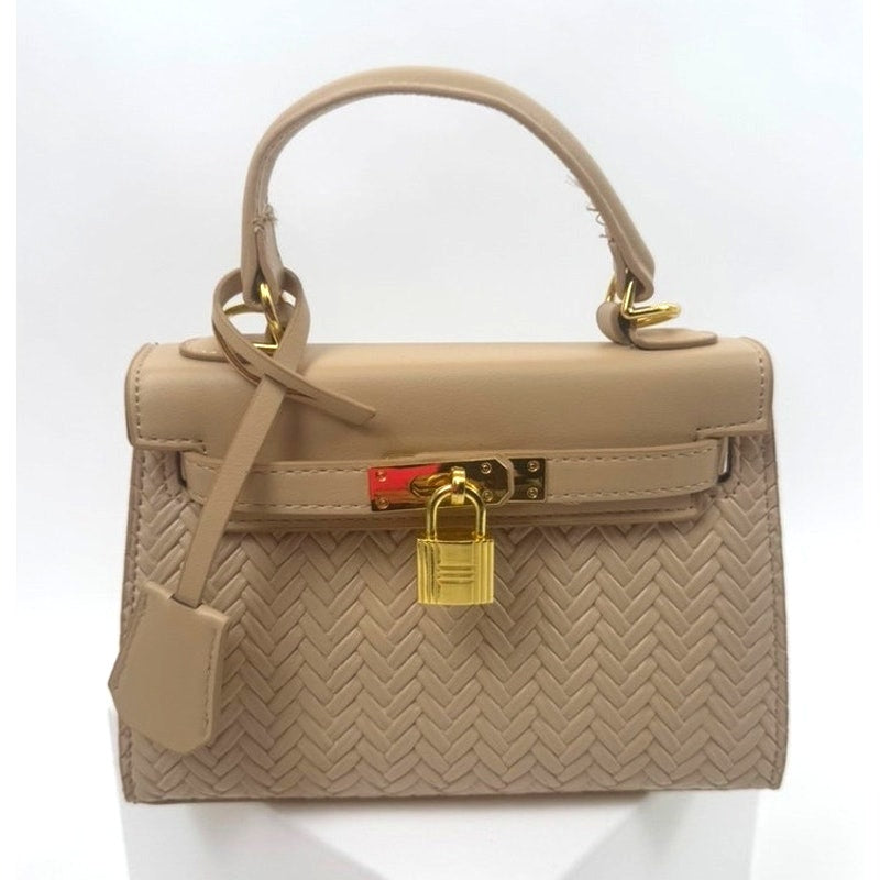 Beige Tan Leather Structured Top-Handle Bag – Gold Hardware & Lock Detail