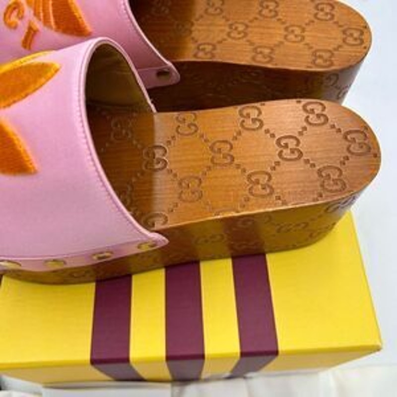 Women’s Gucci, X Adidas, pink satin GG clogs size 37 made in Italy.
