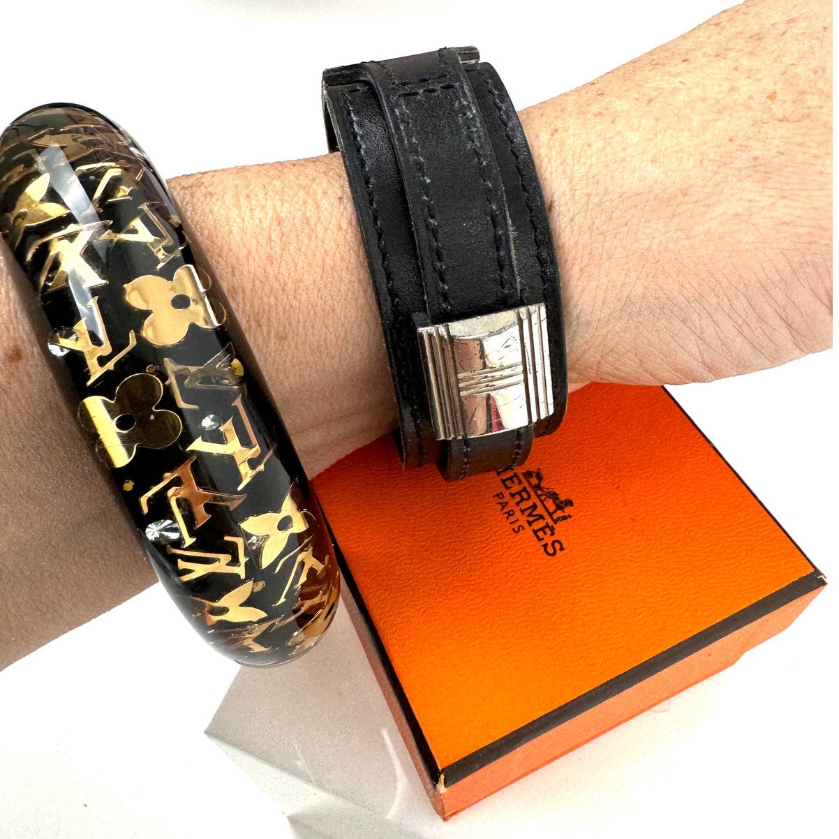 Hermes Rare Black Logo Artemis Leather With Silver Closure Bracelet