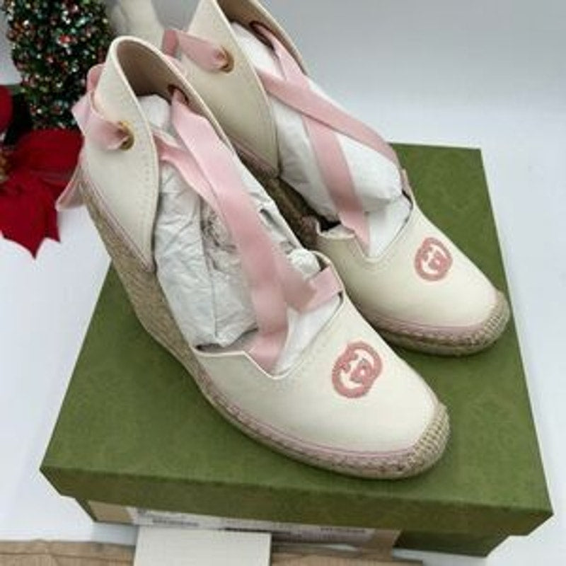 Women’s Gucci white/pink wedge espadrilles size 41 made in Spain