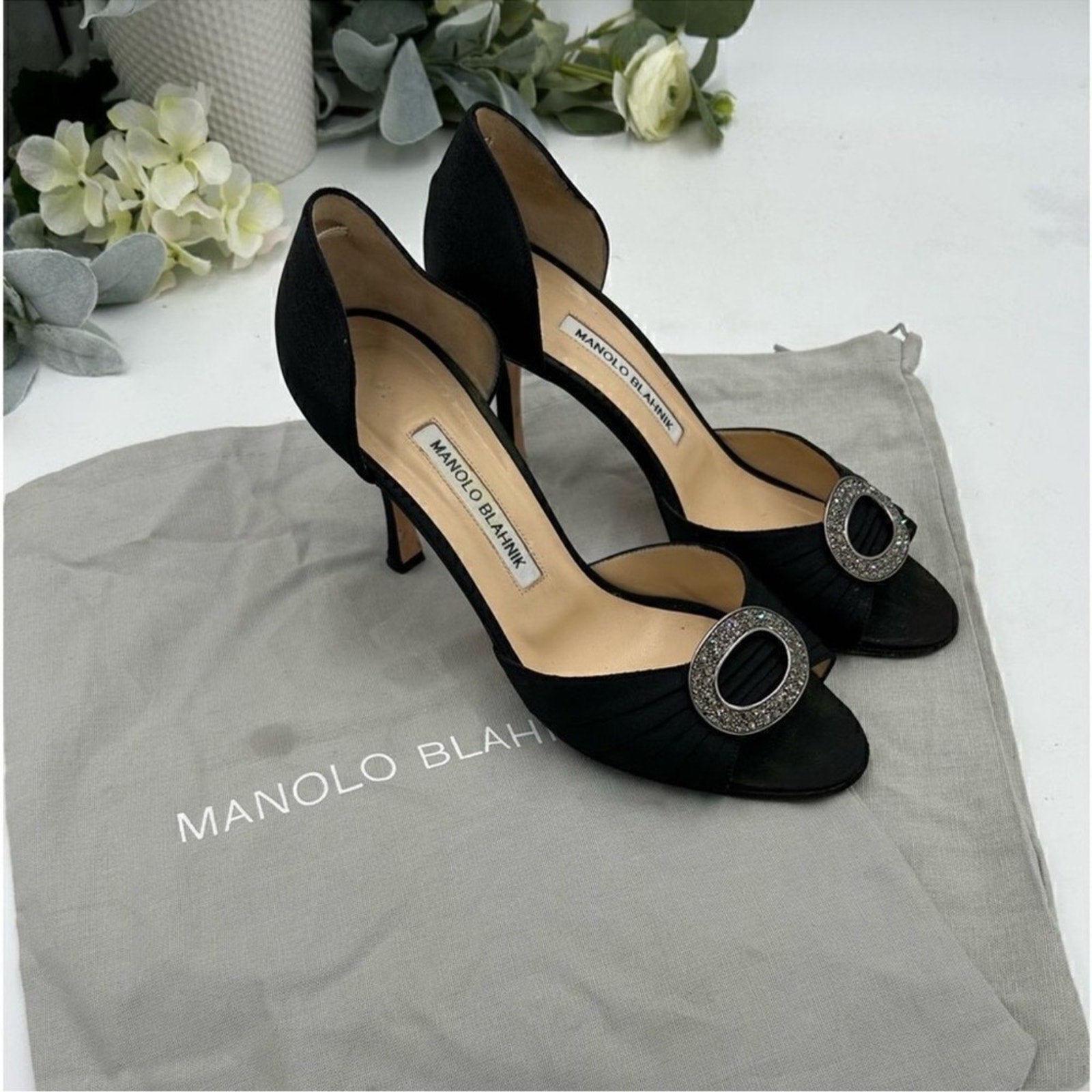 Women's Manolo Blanik, black pleaded satin,sedarby D'Orsay sandals Sz 37.5 Italy