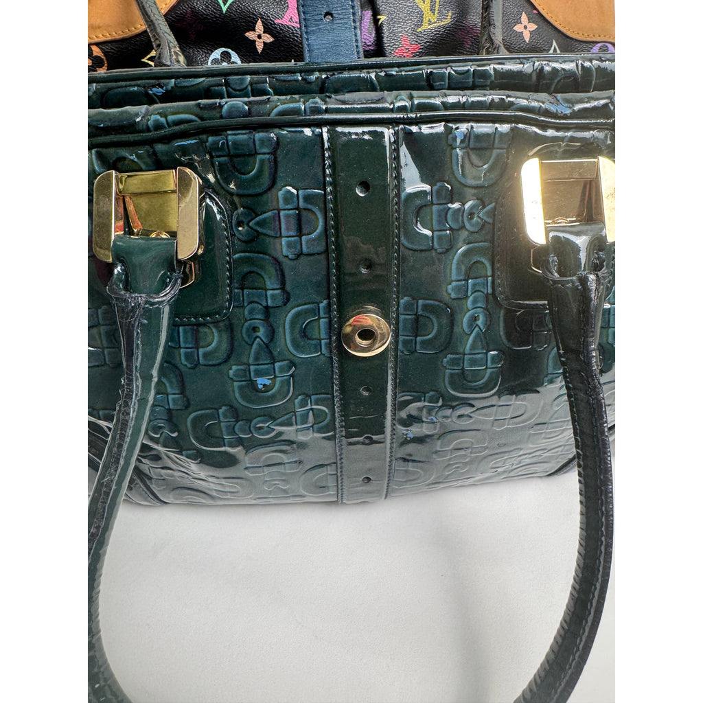Gucci Vintage Green Blue Black patent leather top handle bag w/gold hardware