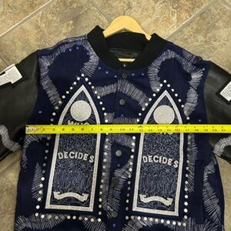 Men's WHO DECIDES war hardware, varsity jacket, size XL