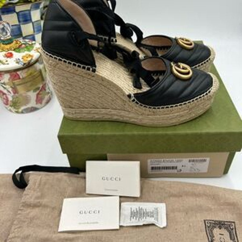 Women's Gucci GG wedge ankle tie Espadrilles size 41 made in Spain