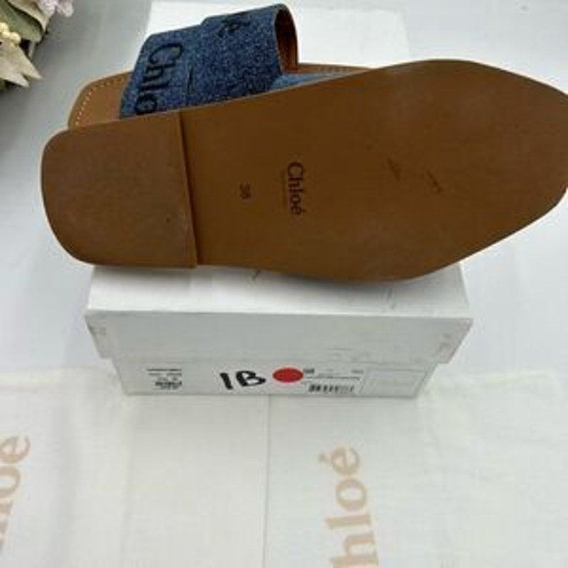 Women’s Chloe woody logo embroidered denim sandals size 38 made in Italy