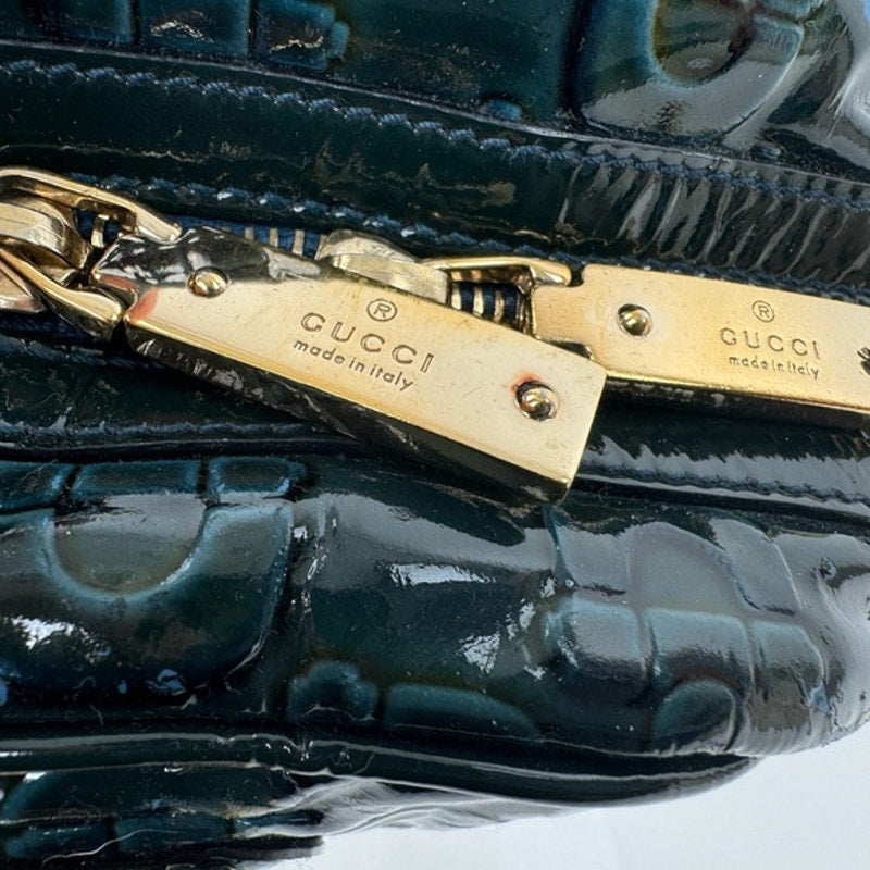 Gucci Vintage Green Blue Black patent leather top handle bag w/gold hardware