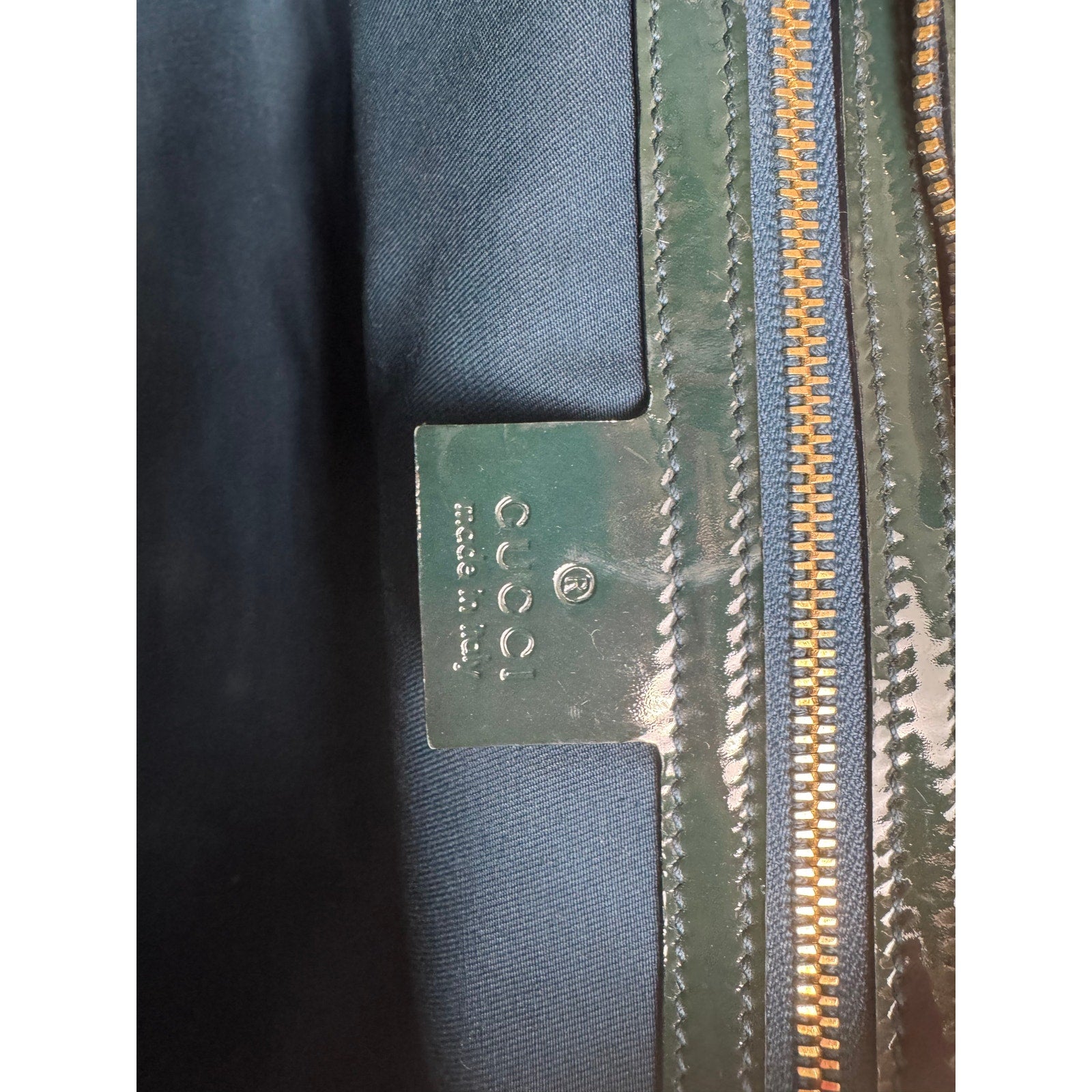 Gucci Vintage Green Blue Black patent leather top handle bag w/gold hardware
