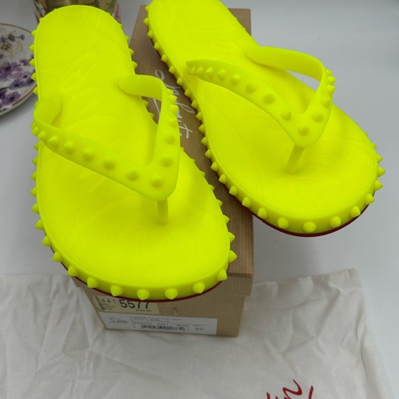 Men's Christian Louboutin neon rubber thong, sandal, size 46