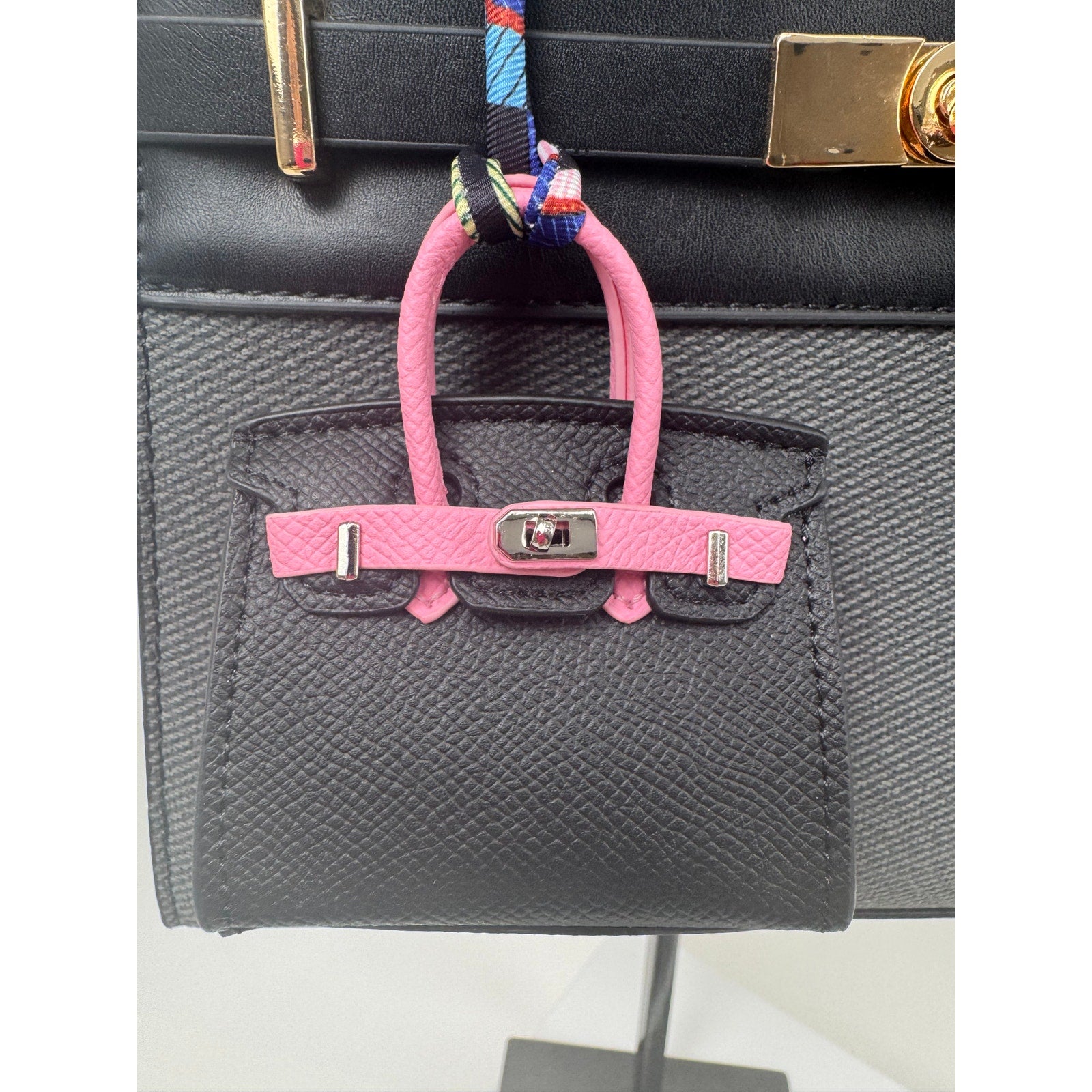 Two-Tone Luxury Leather Miniature Handbag Charm - Mini Bag in Black & Pink
