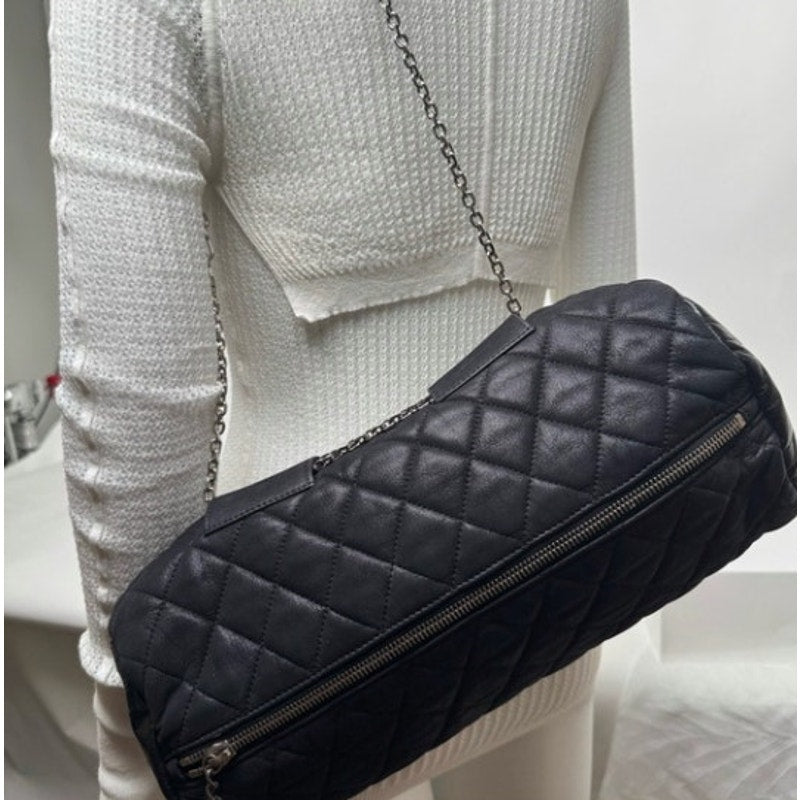 Chanel Black 3-way Leather & Patent Bag w/ Huge CC Charm /Runway Barrel Bag