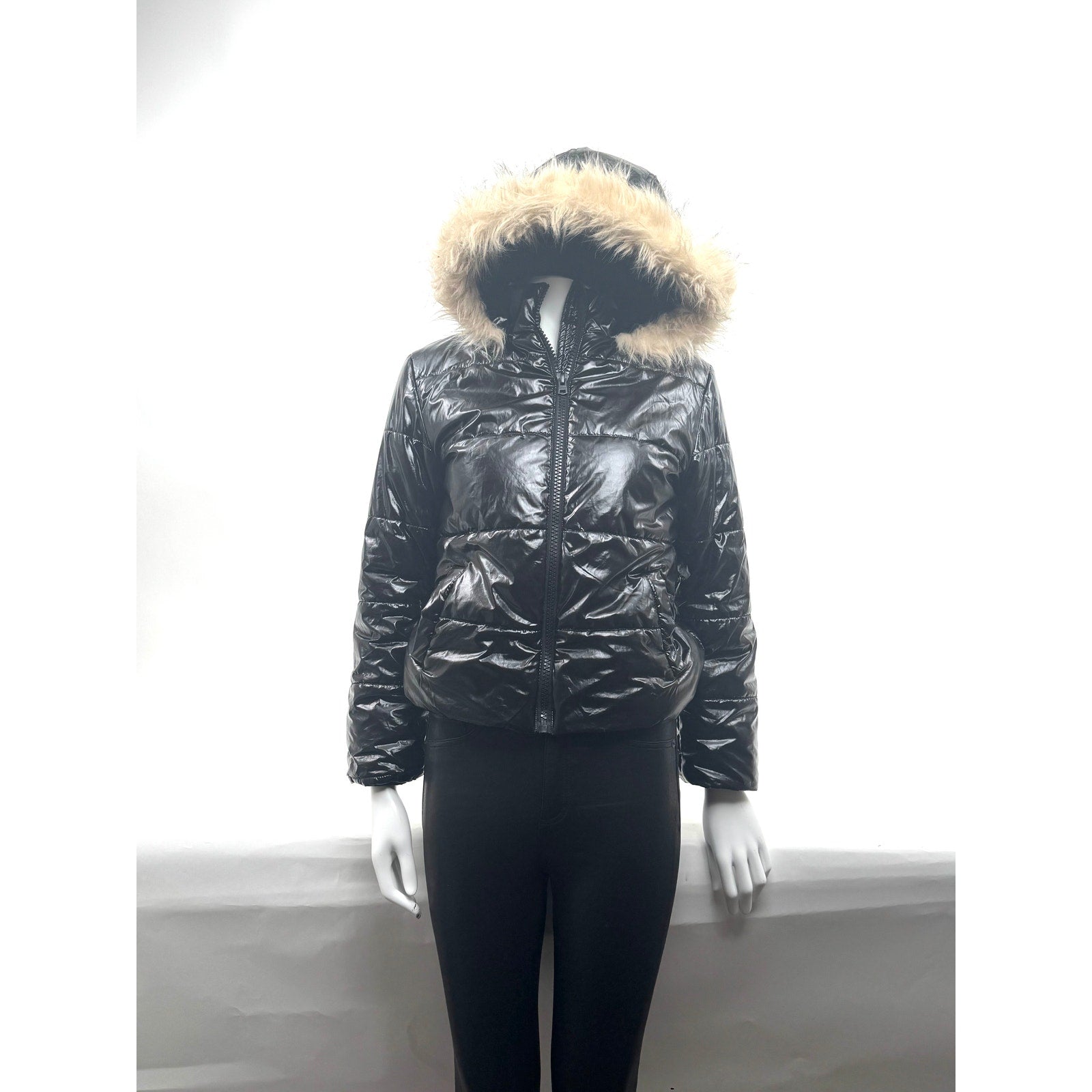 Kids Hudson Black Shiny Puffer Jacket with Faux Fur Hood Size L Fits Women’s XS