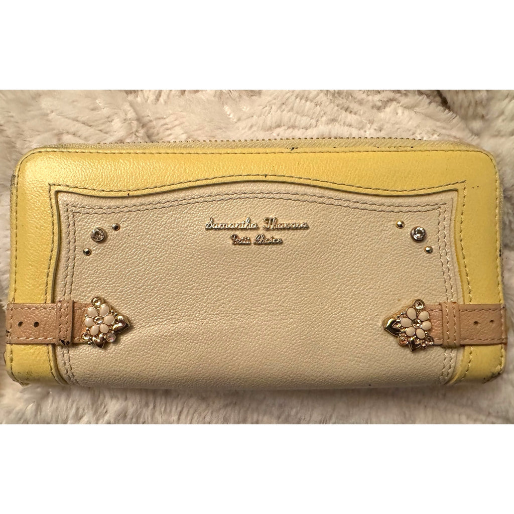 Samantha Thavasa Petit Choice Yellow Cream Rhinestone & Pearl Zipper Long Wallet