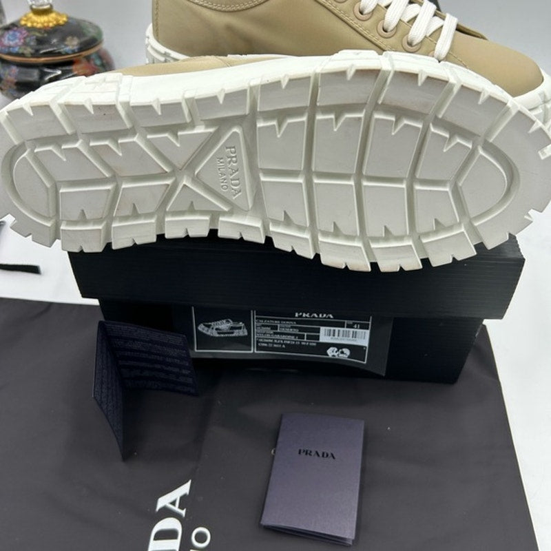 Women's Prada double wheel nylon gabardine sneakers, desert beige size 41
