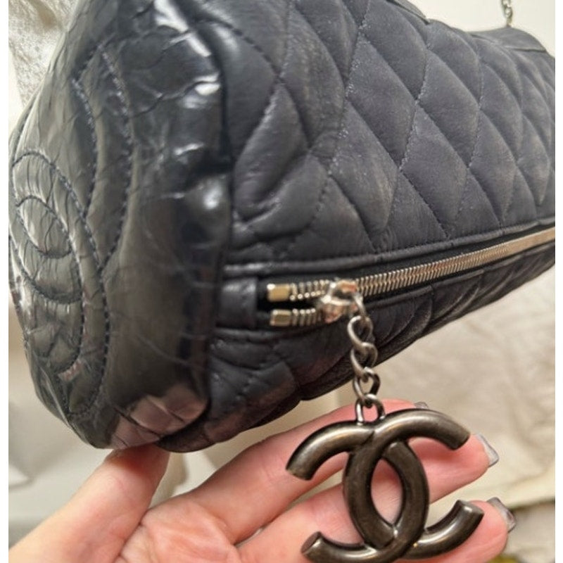 Chanel Black 3-way Leather & Patent Bag w/ Huge CC Charm /Runway Barrel Bag
