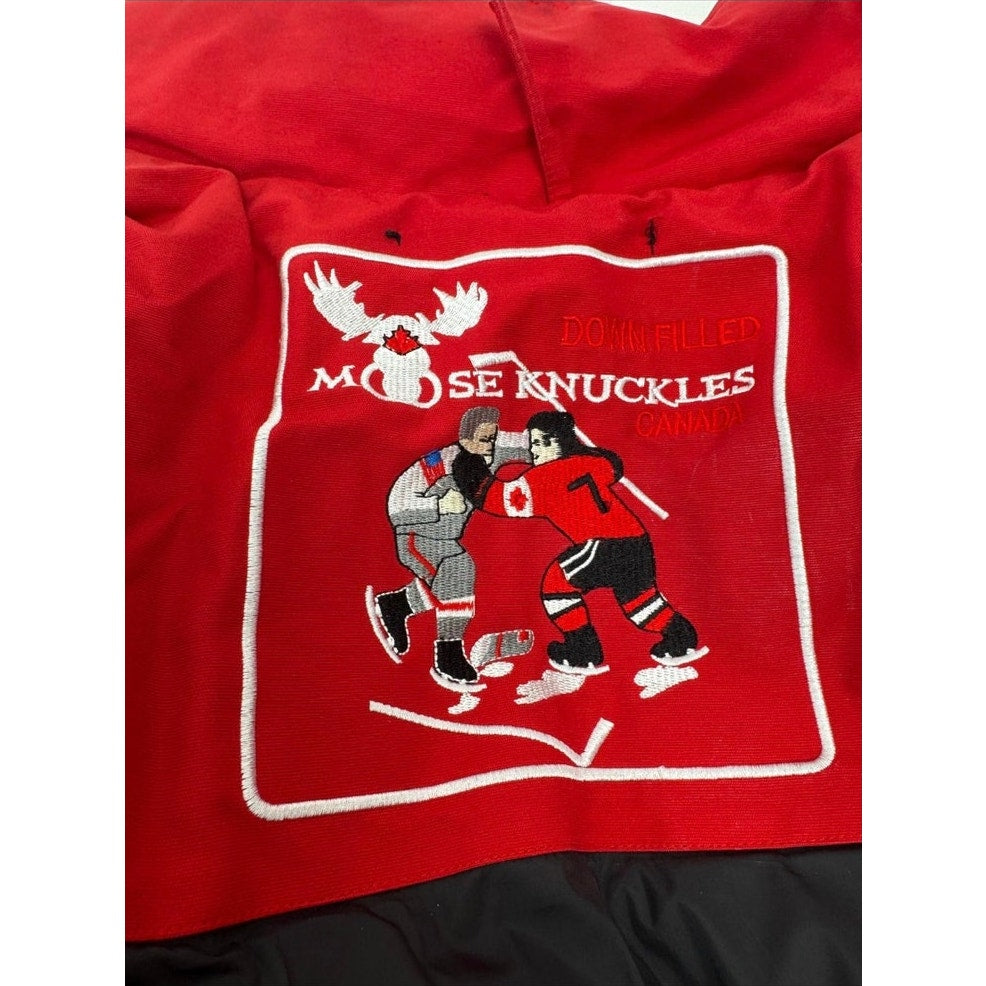 Men's Moose Knuckles Red Puffer Down Jacket With Detachable Fur Hood Size XL