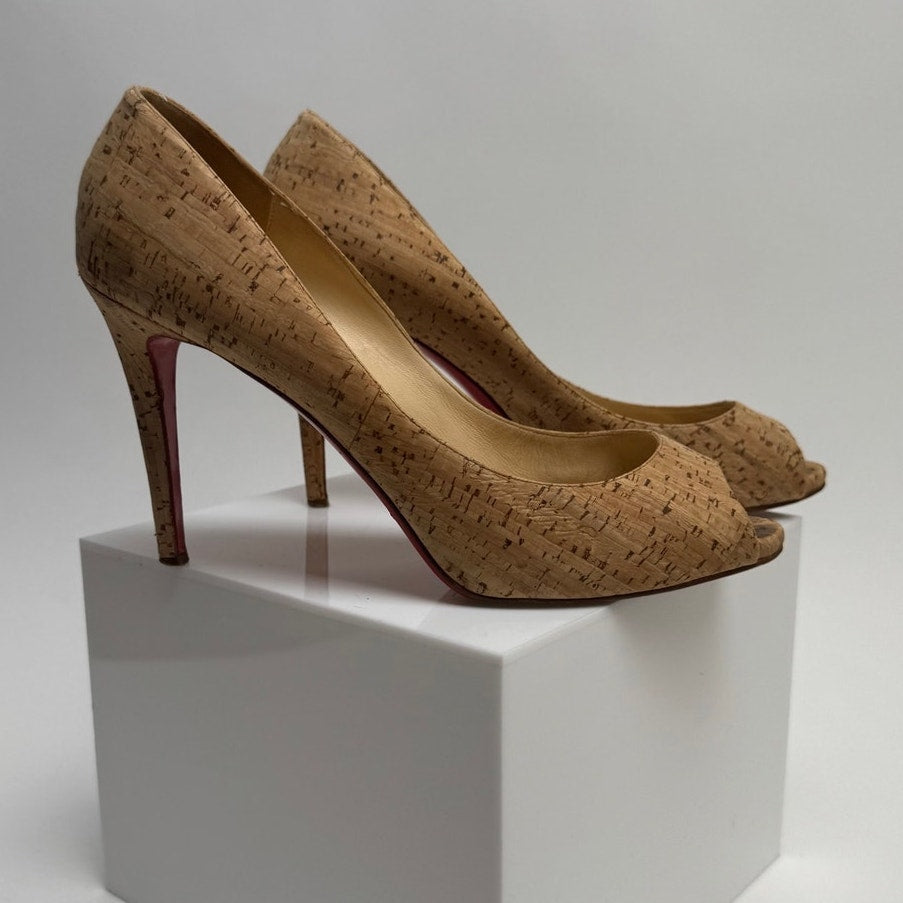 Christian Louboutin Neutral Cork Peep Toe Pump Heels Size 40 / US 10