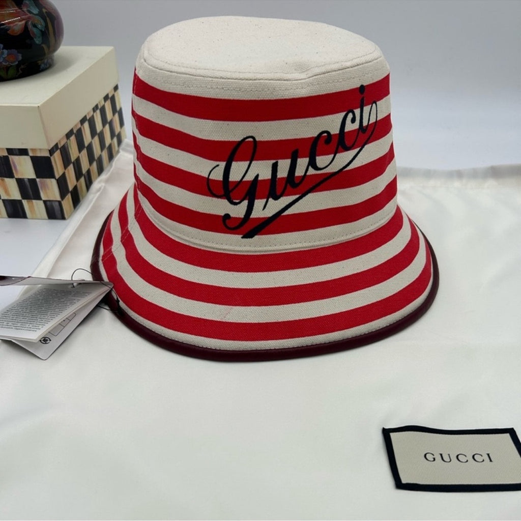 Women's Gucci, striped canvas, bucket, hat, size large made in Italy NWT